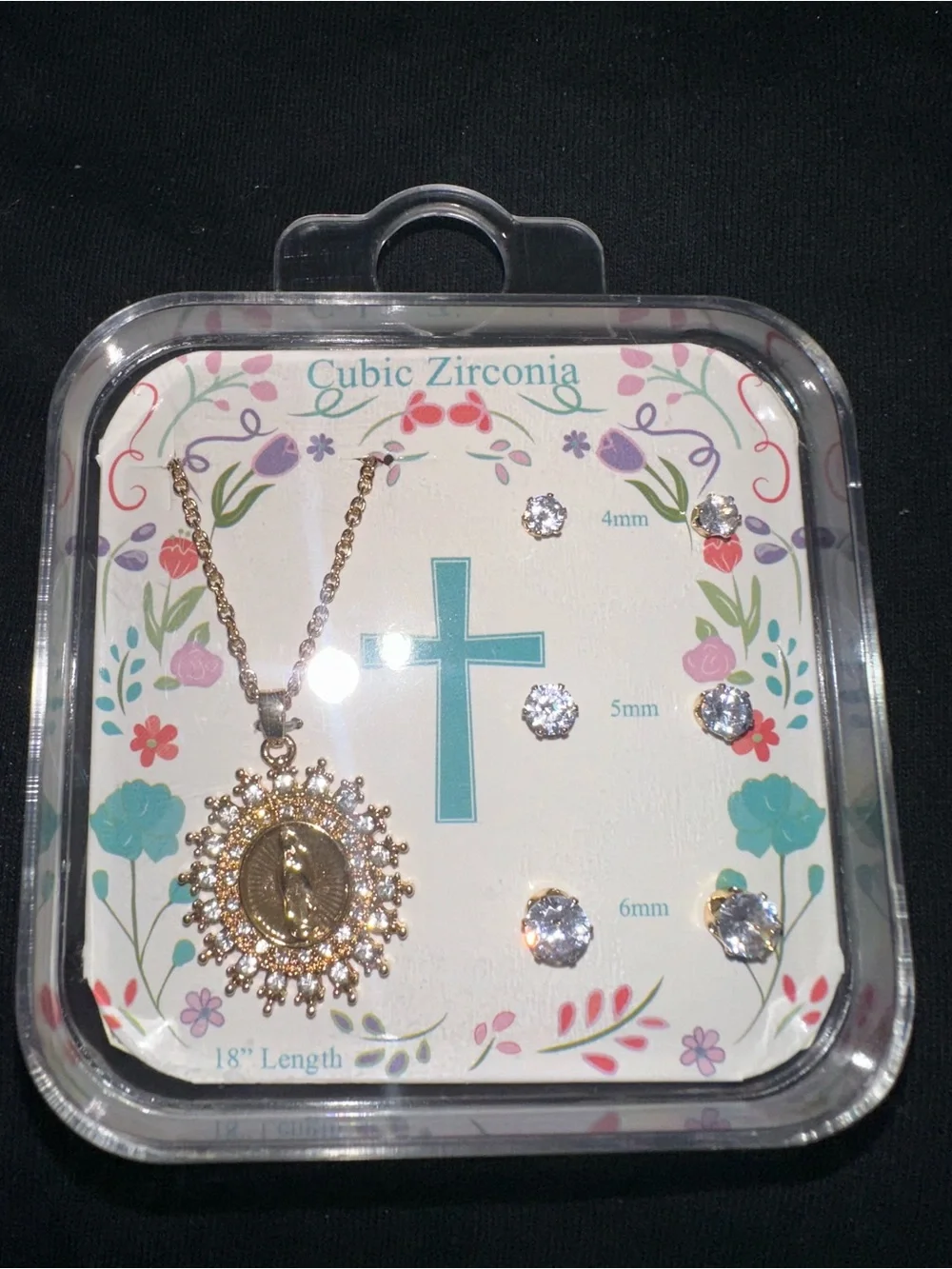 Sunburst Praying Hands Pendant Necklace & CZ Stud Set — Gold Tone, 18